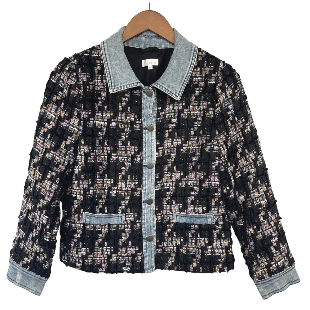 Ecru Womens Tweed Denim Trim Jacket PM Petite Medium Eclectic Preppy Layering